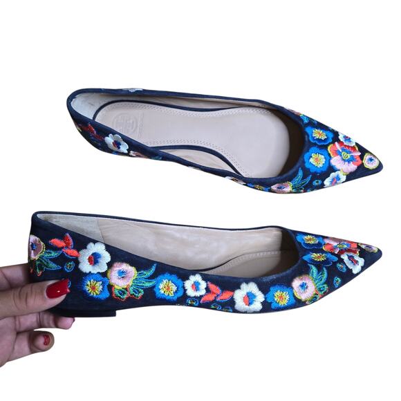 Tory Burch Rosemont Pansy Floral Embroidered Pointed Toe Flats Size: 9 - Picture 1 of 7